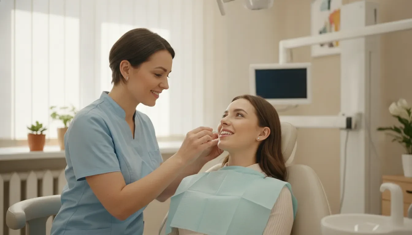 Reassuring dental hygienist positioning a smiling patient for a routine dental X-ray in a bright modern office