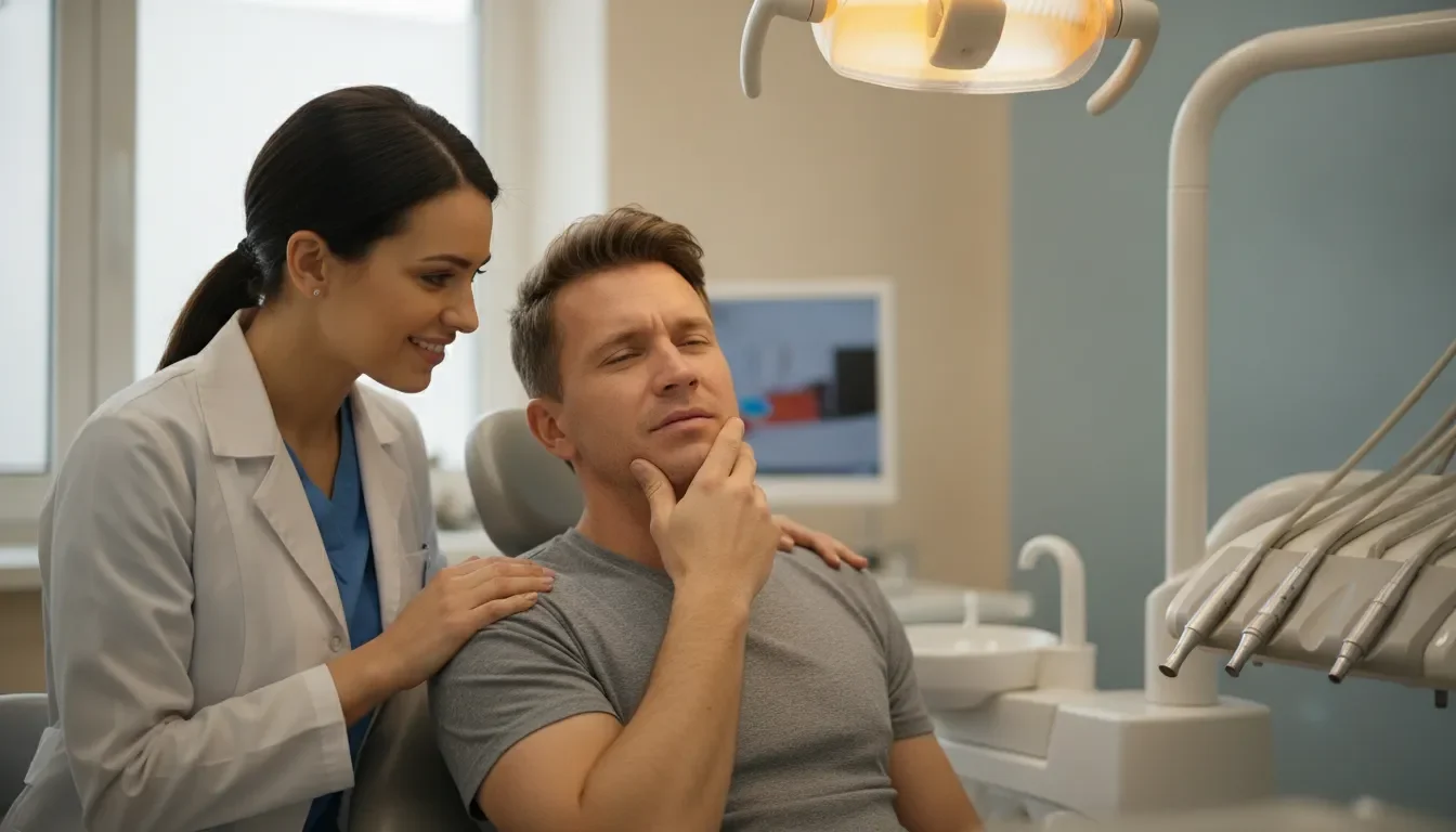 A dentist reassuring a patient during an emergency dentist Lowell MA visit