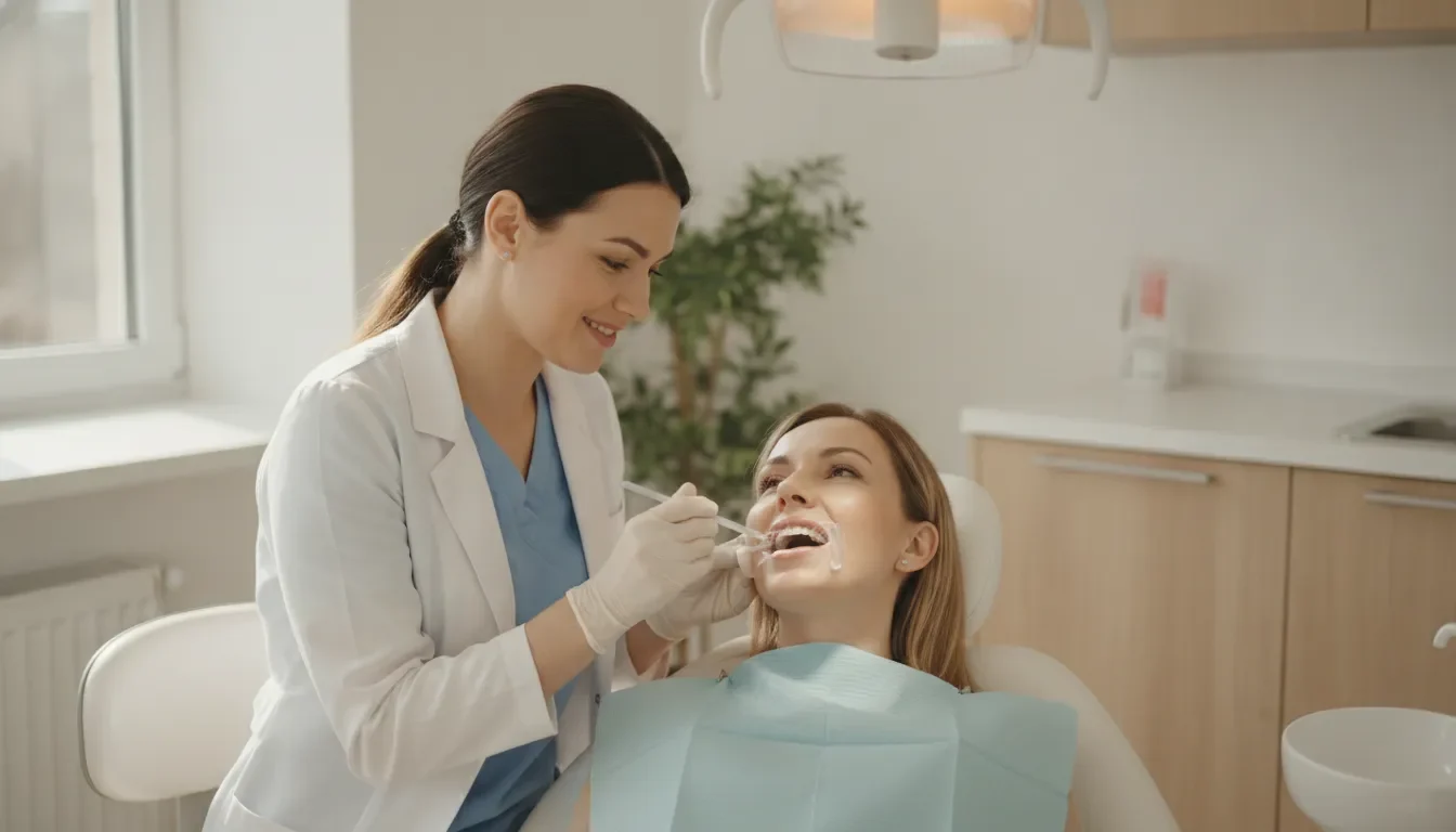Dentist applying protective fluoride varnish to an adult patient's teeth