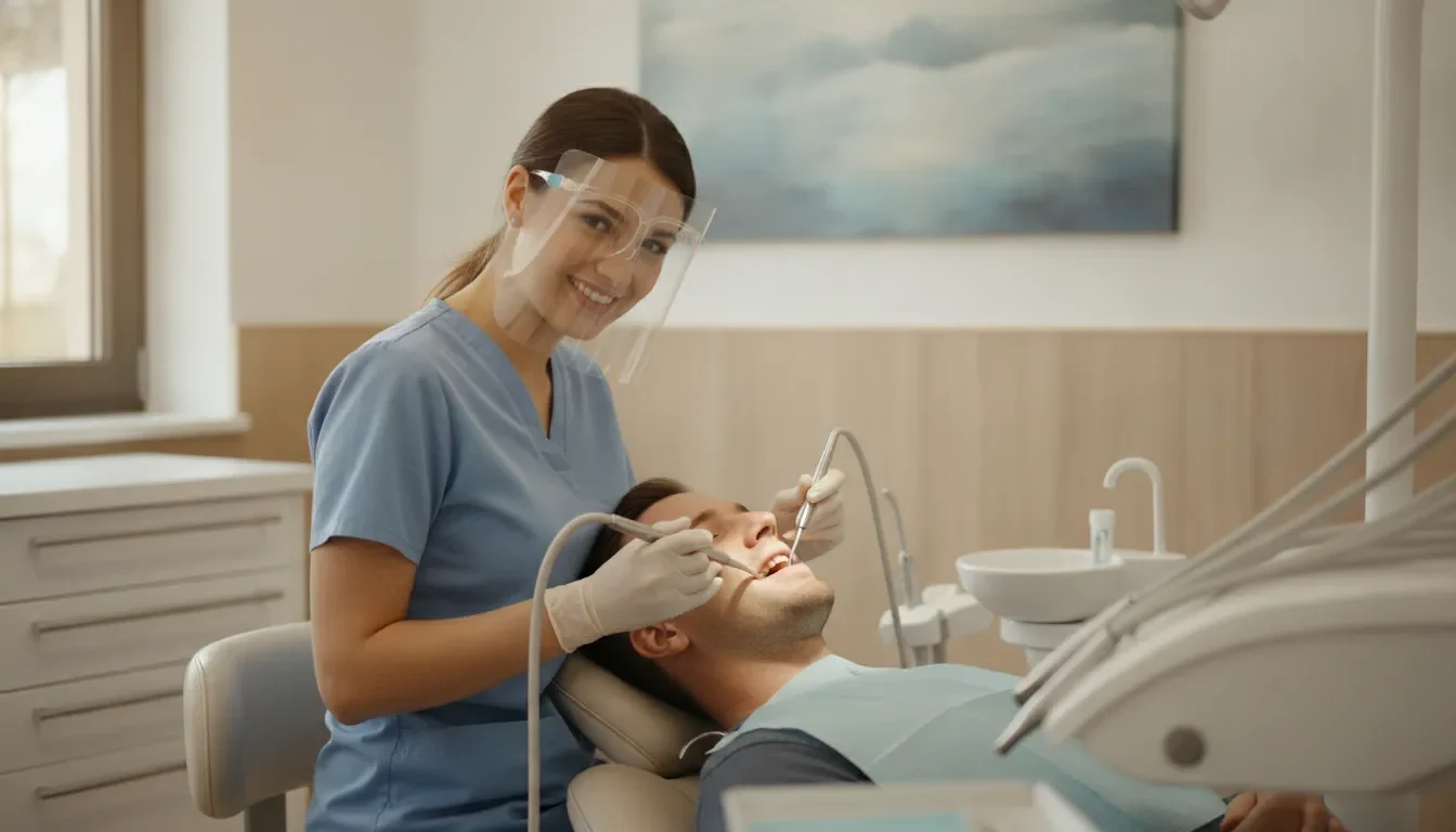Dental hygienist performing a routine teeth cleaning on a relaxed patient in a bright modern dental office