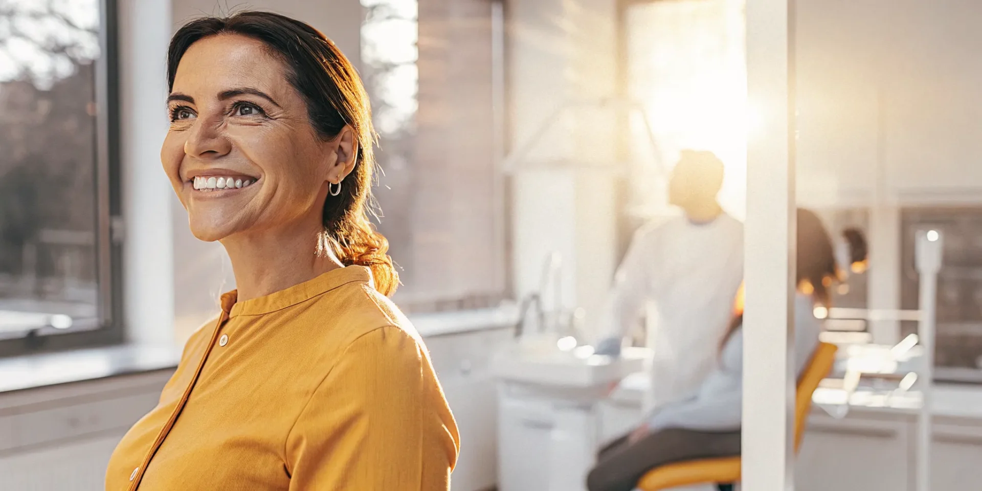 Confident woman smiling after a cosmetic smile makeover in a bright dental office
