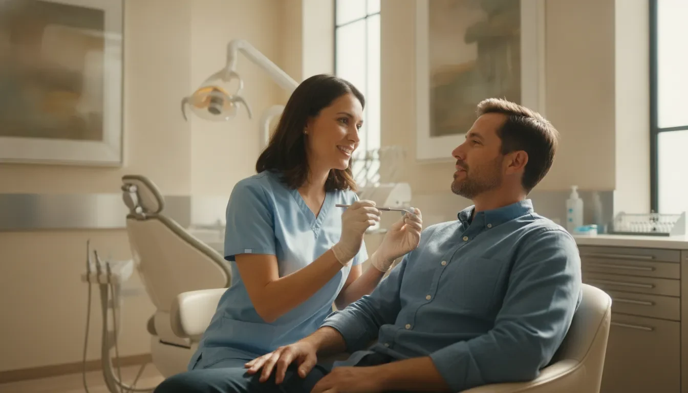 A dentist speaking with a patient in a bright, modern dental office