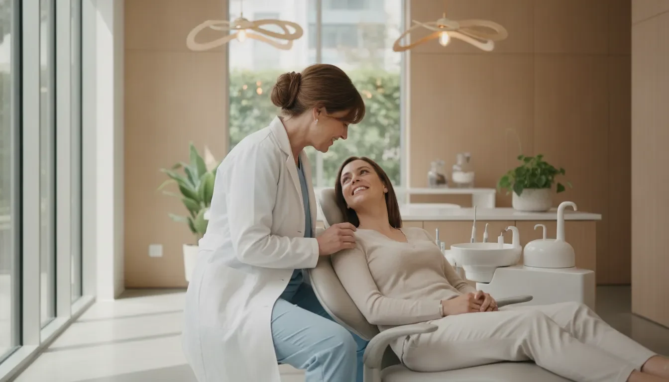 A dentist speaking warmly with a smiling patient in a bright, modern dental office