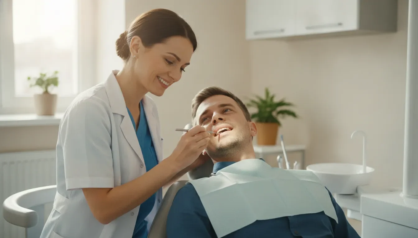 Dentist gently examining an adult patient's mouth during a routine oral cancer screening in a modern dental office