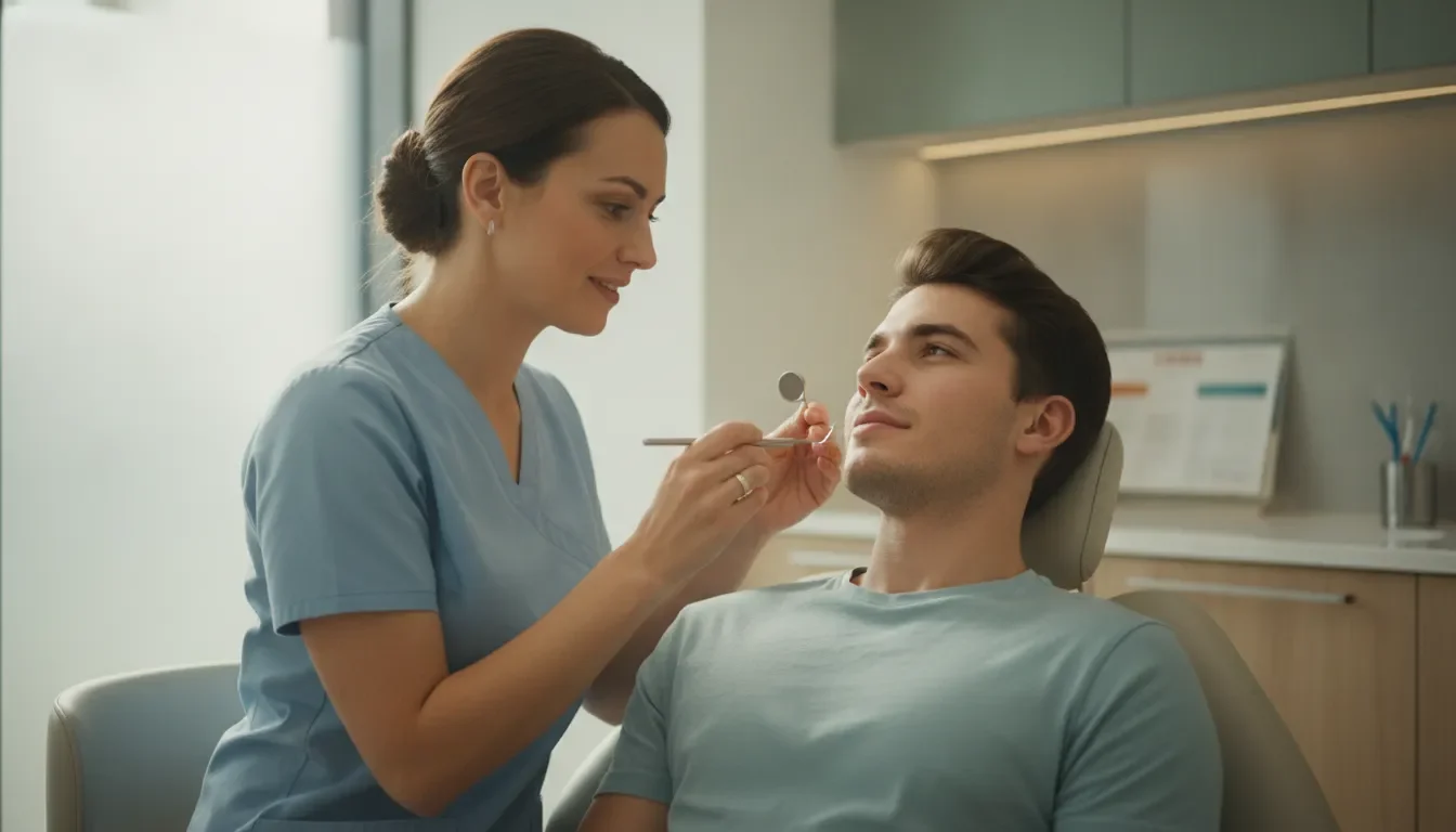 Dentist examining a patient's chipped tooth in a bright dental office