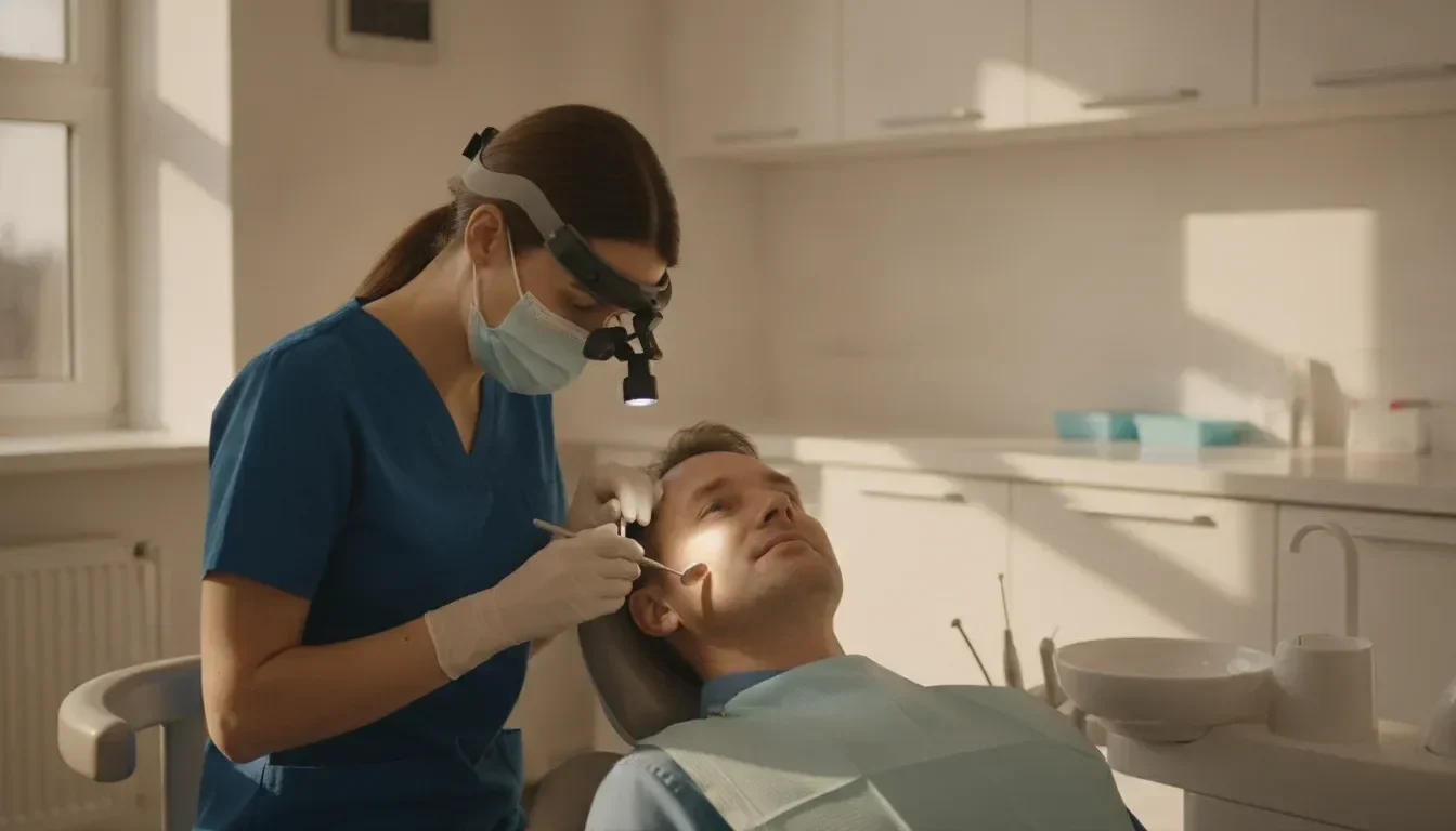 Dentist examining a patient's restored molar in a bright dental office