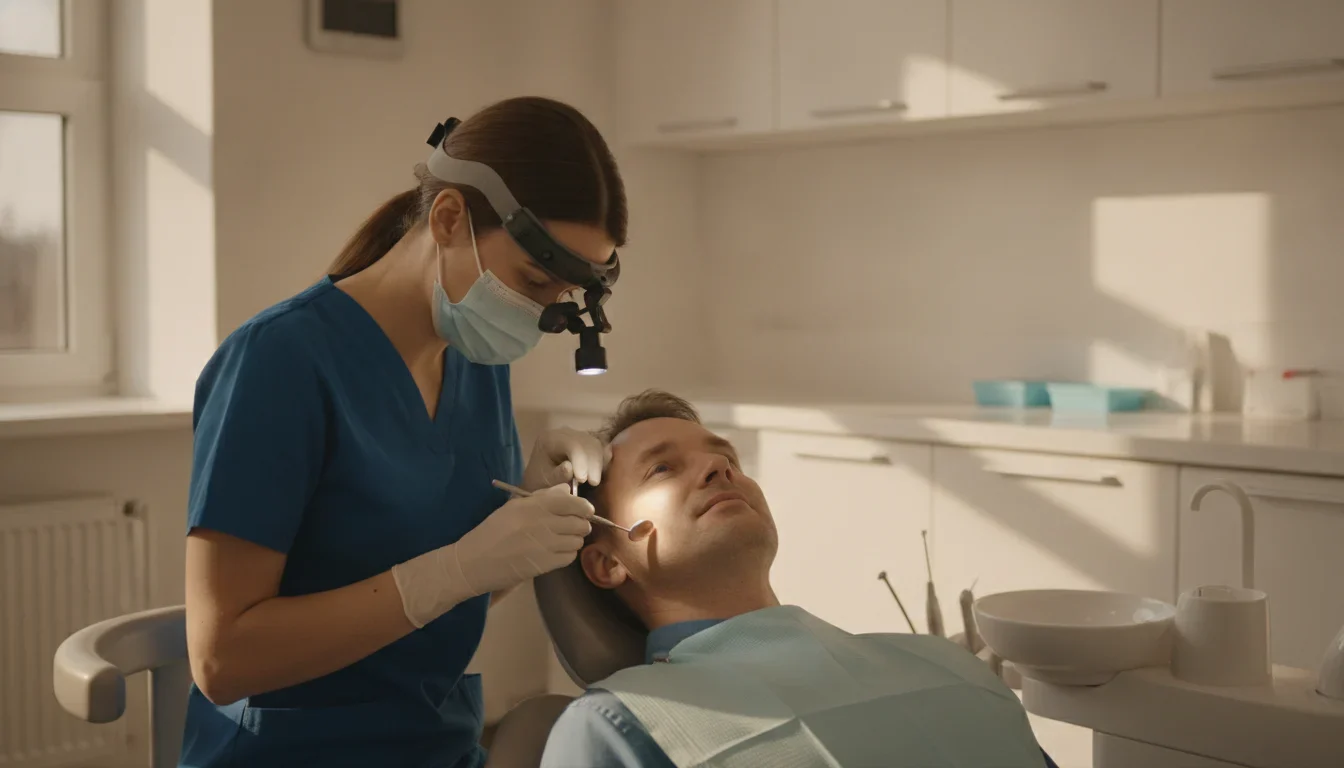 Dentist examining a patient's restored molar in a bright dental office