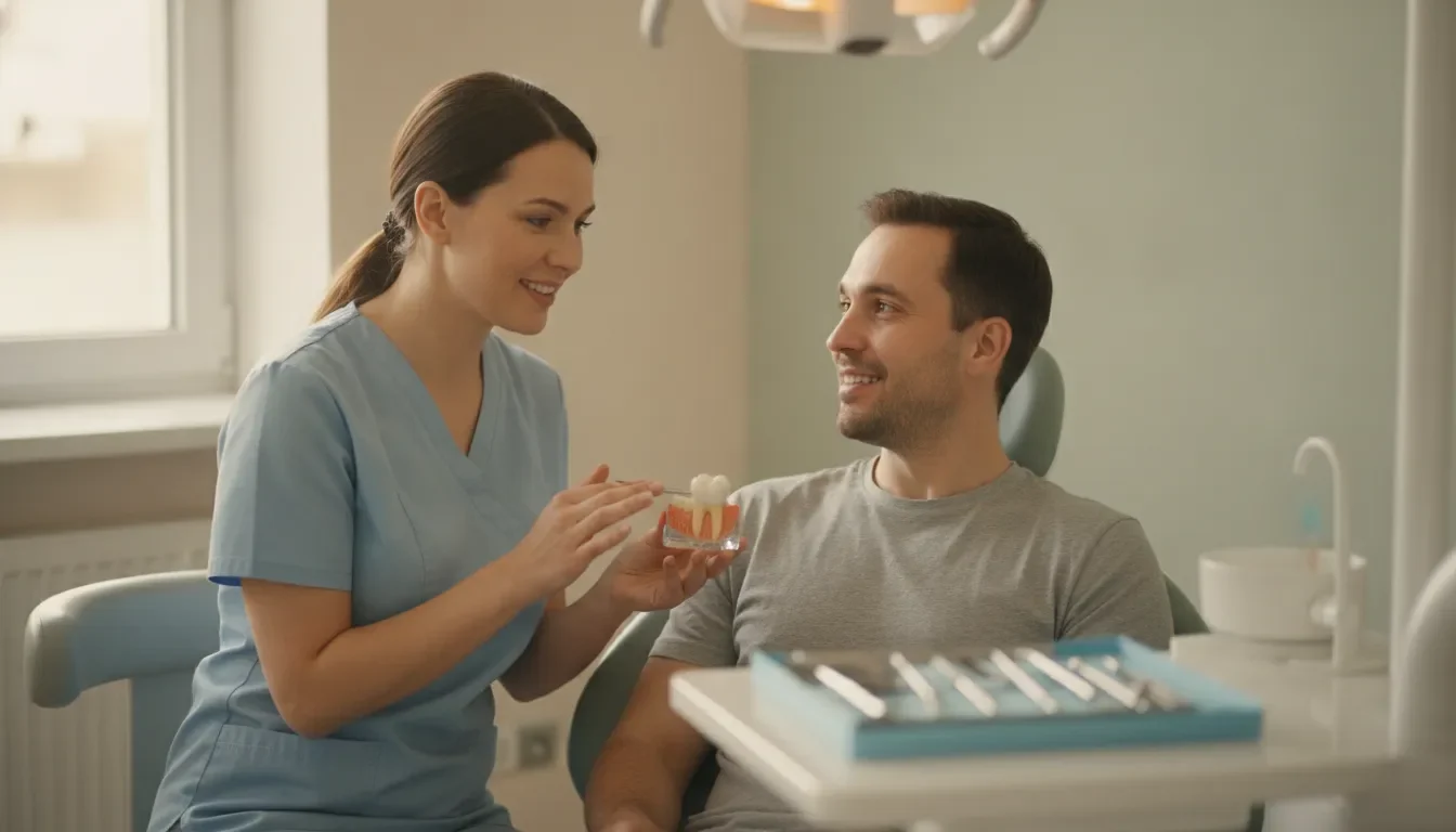 Dentist explaining a dental filling procedure to a patient