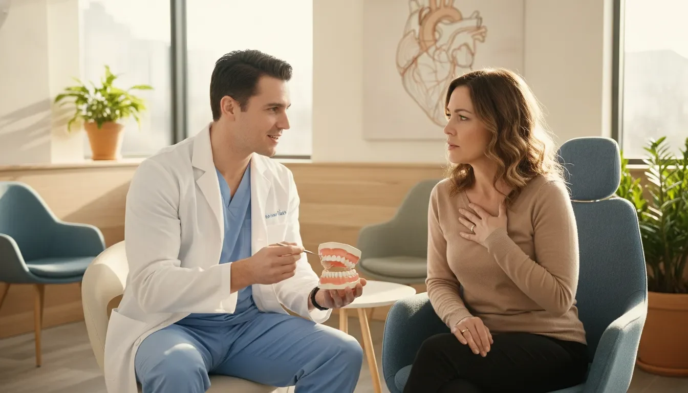 Dentist discussing gum and heart health with a patient