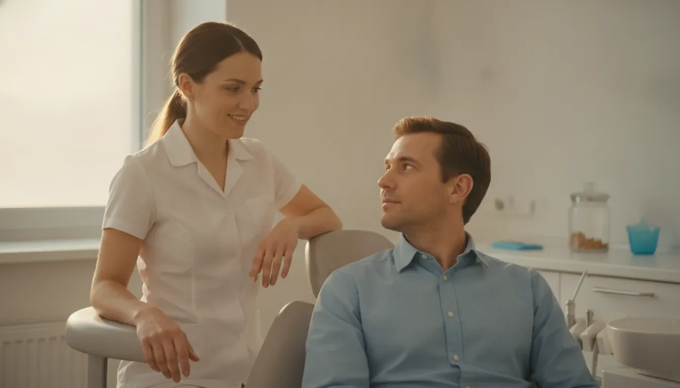 Dentist explaining root canal recovery care to a patient
