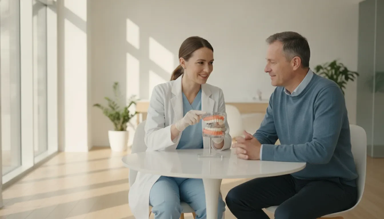 Dentist and patient discussing treatment options with a tooth model