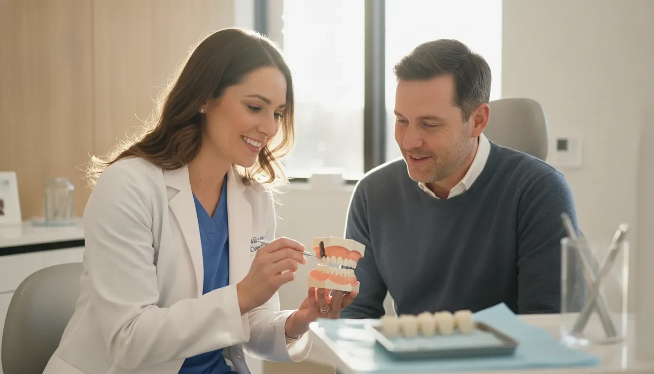 Dentist discussing dental crown treatment with a patient