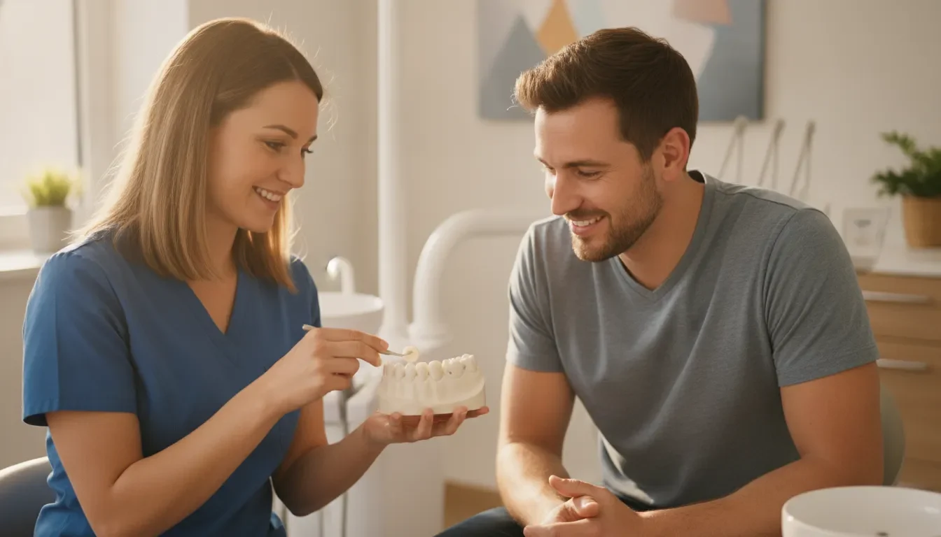 Dentist explaining a tooth-colored filling near the gumline with a dental model