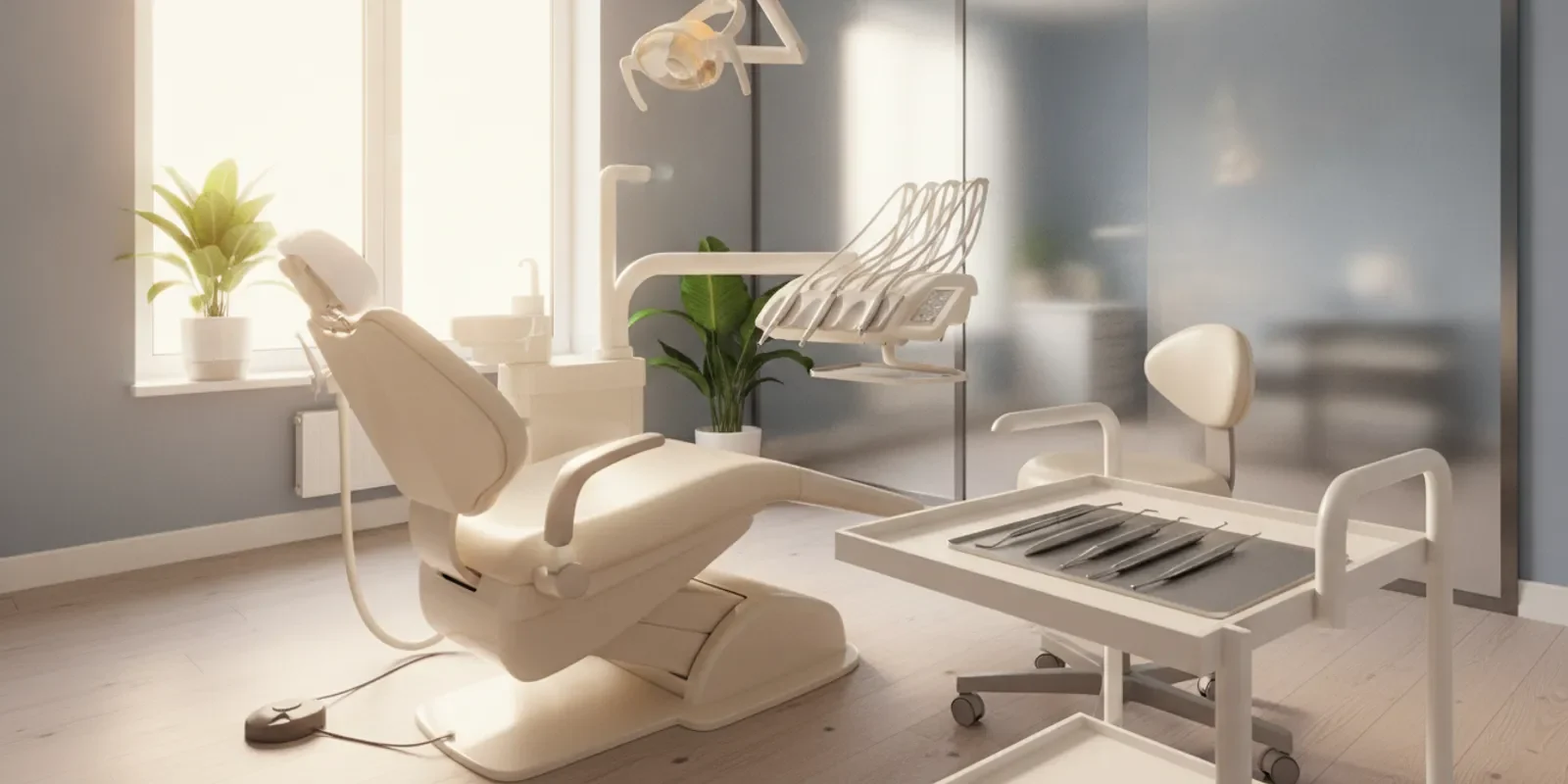 Dental professional preparing a clean, bright treatment room for a routine cleaning visit