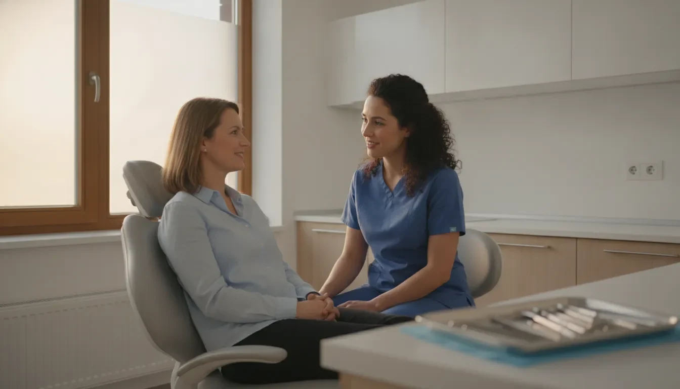 Patient preparing for a dental cleaning with a hygienist.