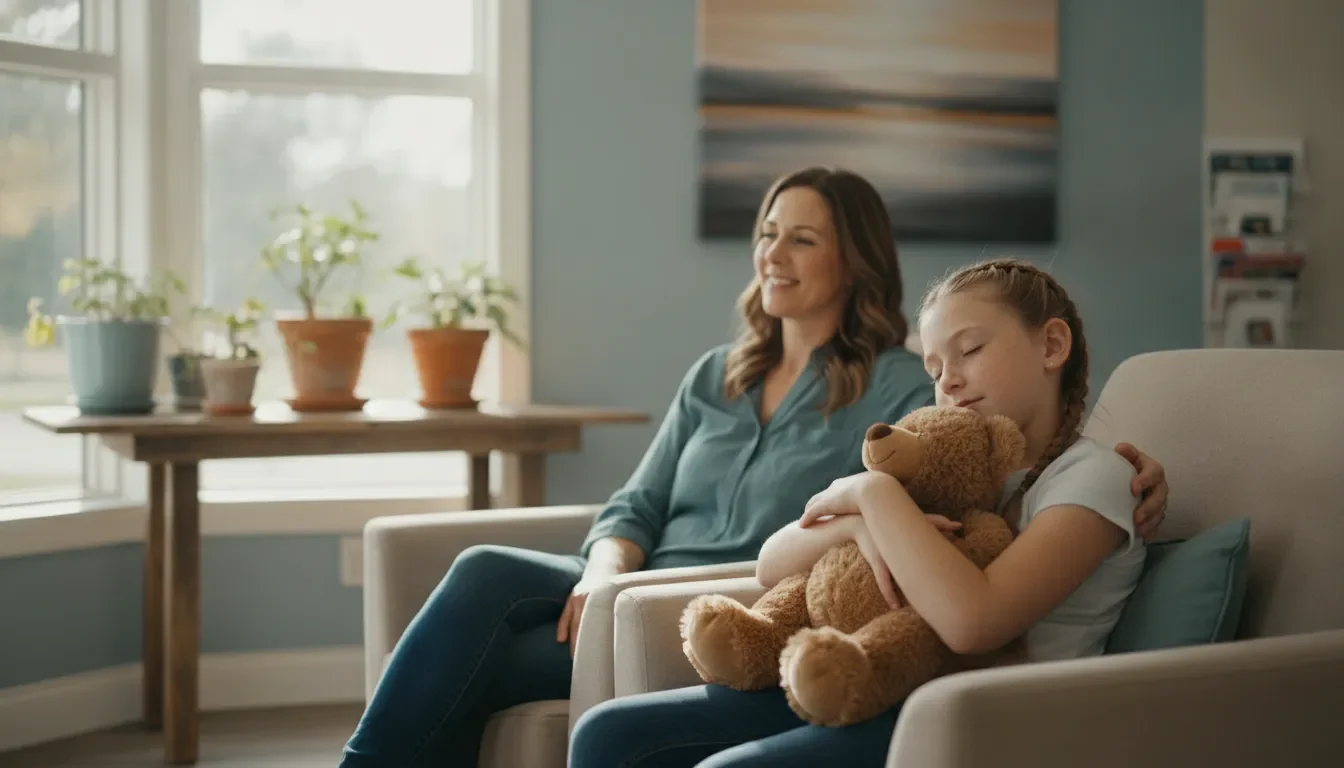 A parent and school-age child waiting together in a bright, calm dental office reception area