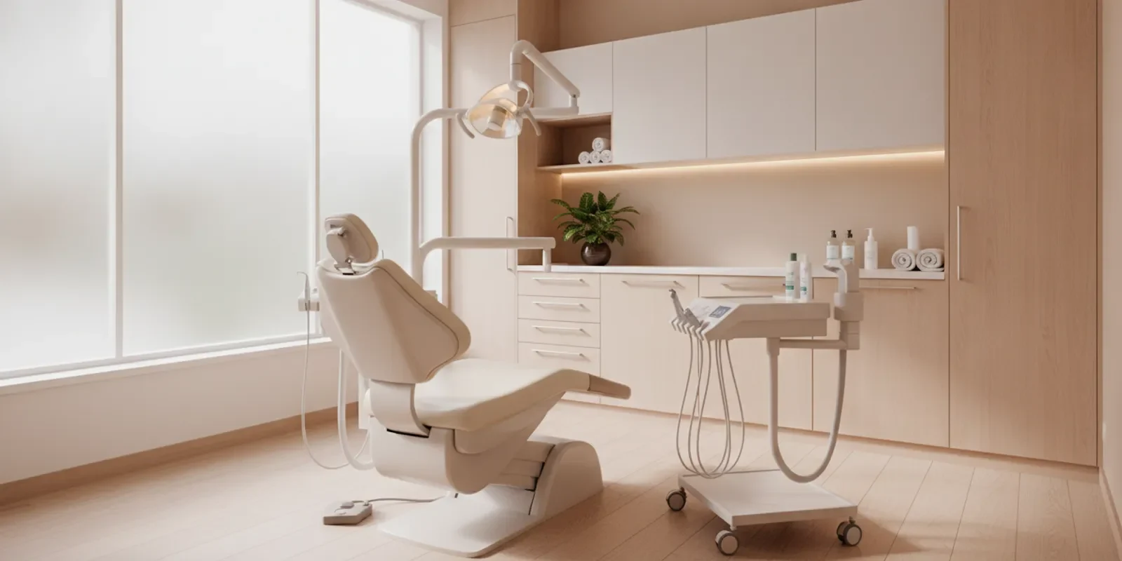 An empty, modern dental treatment room with a dental chair and diagnostic equipment