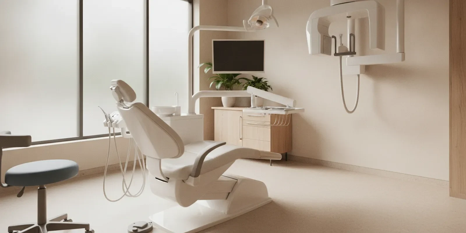 A bright dental operatory prepared for a patient visit, with a dental chair and modern imaging equipment
