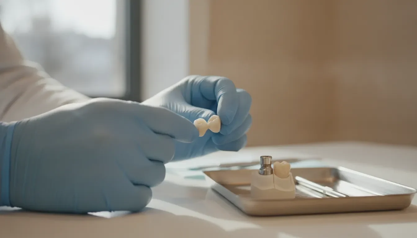 Gloved hands holding a tooth-colored ceramic dental crown beside a prepared molar model