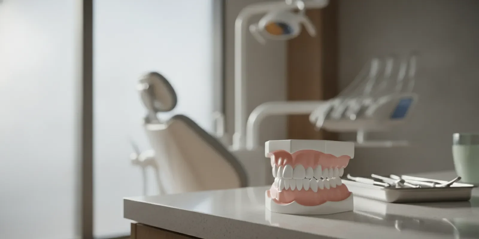 Dental model showing overlapping front teeth beside a toothbrush