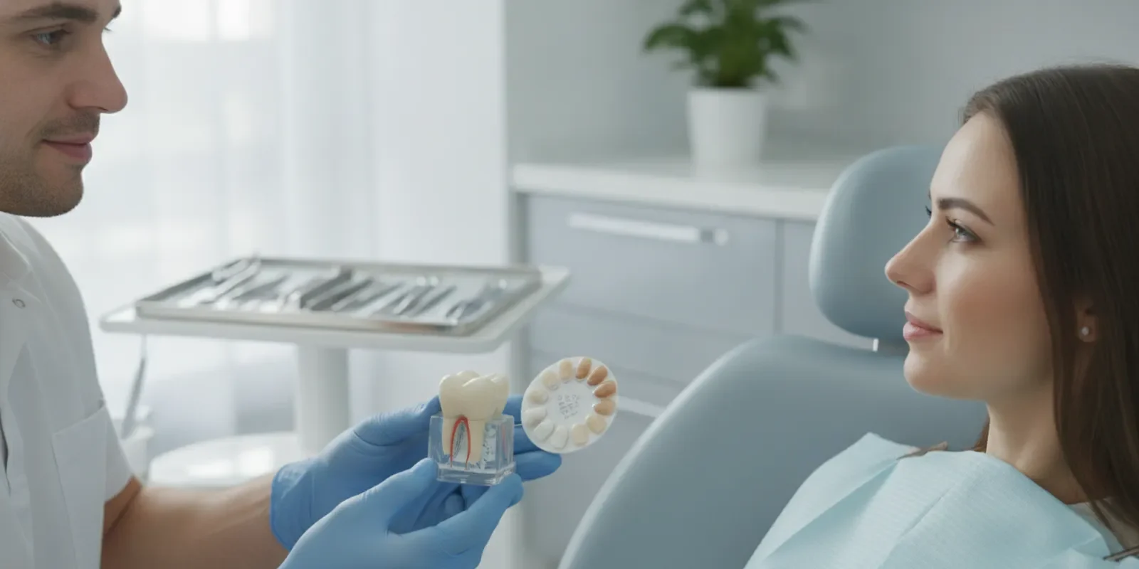 Dental professional reviewing a tooth filling model and restoration materials with a patient