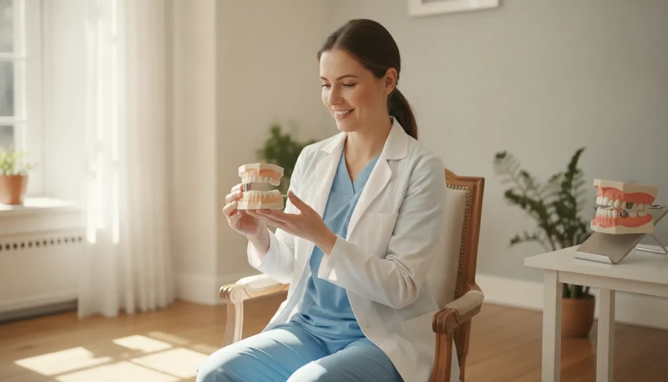 Dental professional discussing a tooth overdenture with a patient