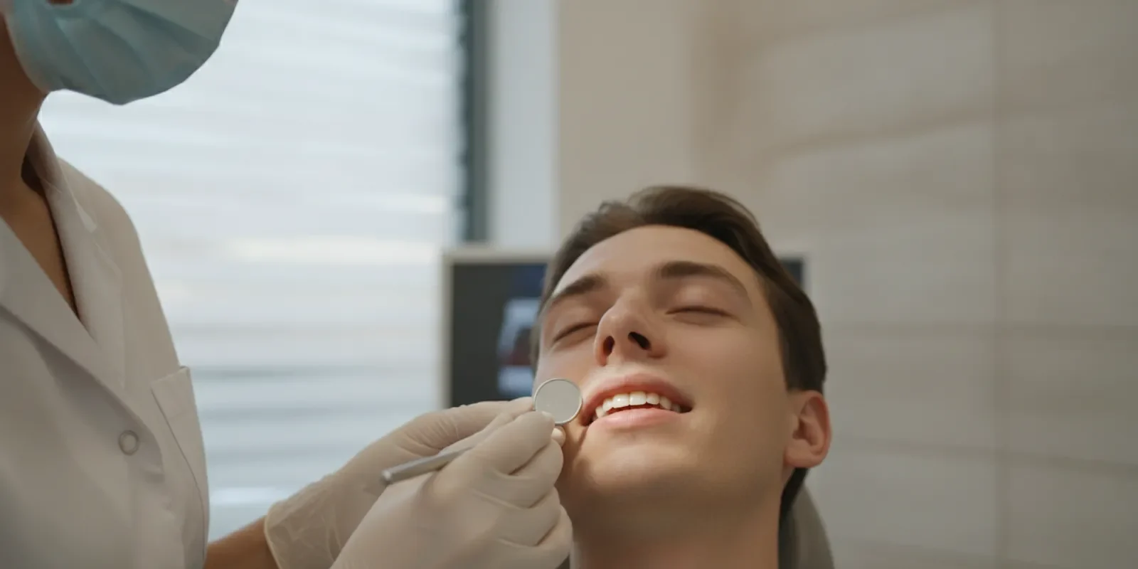 Dental professional examining the front teeth of a patient in a bright treatment room
